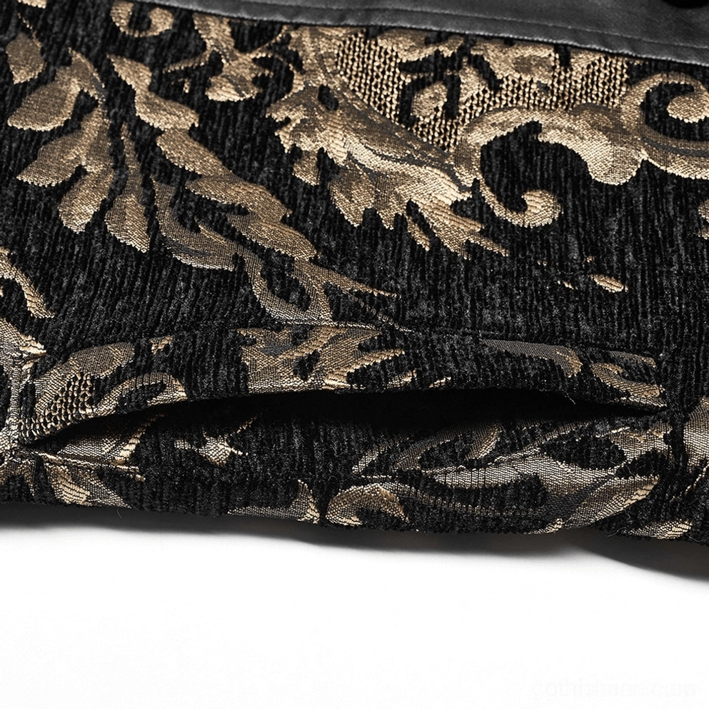 Schwarz-Gold-Damast-Brocade-Gewebe Großaufnahme zeigt ornamentale Damast-Floral-Textur und Jacquard-Webung, gotische Weste Material-Detail