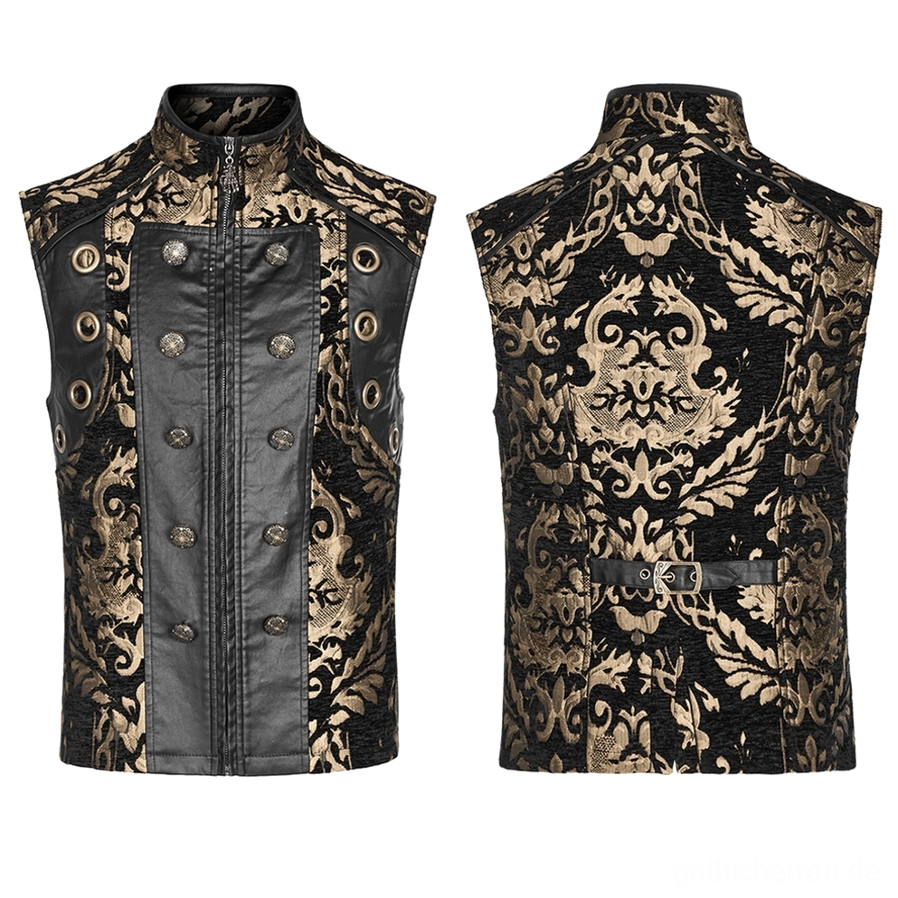 Flach-Legung Vorder- und Rückansicht der Schwarz-Gold-Damast-Brocade-Gothic-Weste mit doppelreihigen Knöpfen und Seiteneösen, gotische Anzugweste