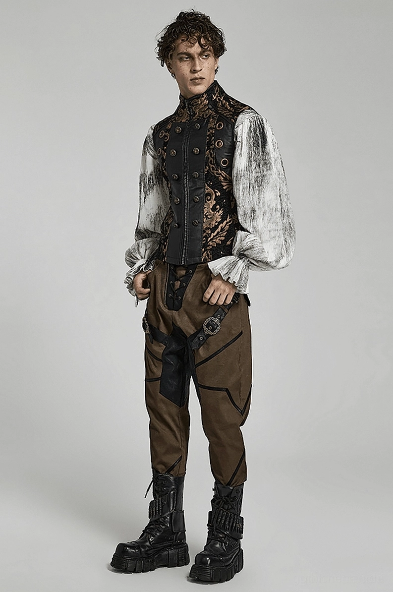 Schwarz-Gold-Damast-Brocade-Gothic-Weste Größenvergleich Flachlegung zeigt Kleidungsmasse und Konstruktionsqualität, gotische Steampunk-Weste