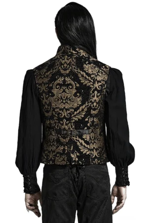 Schwarz-Gold-Damast-Gothic-Weste Rückansicht zeigt volles Brocade-Muster und verstellbaren Kunstledergürtel, gotische Steampunk-Weste strukturiert tailored