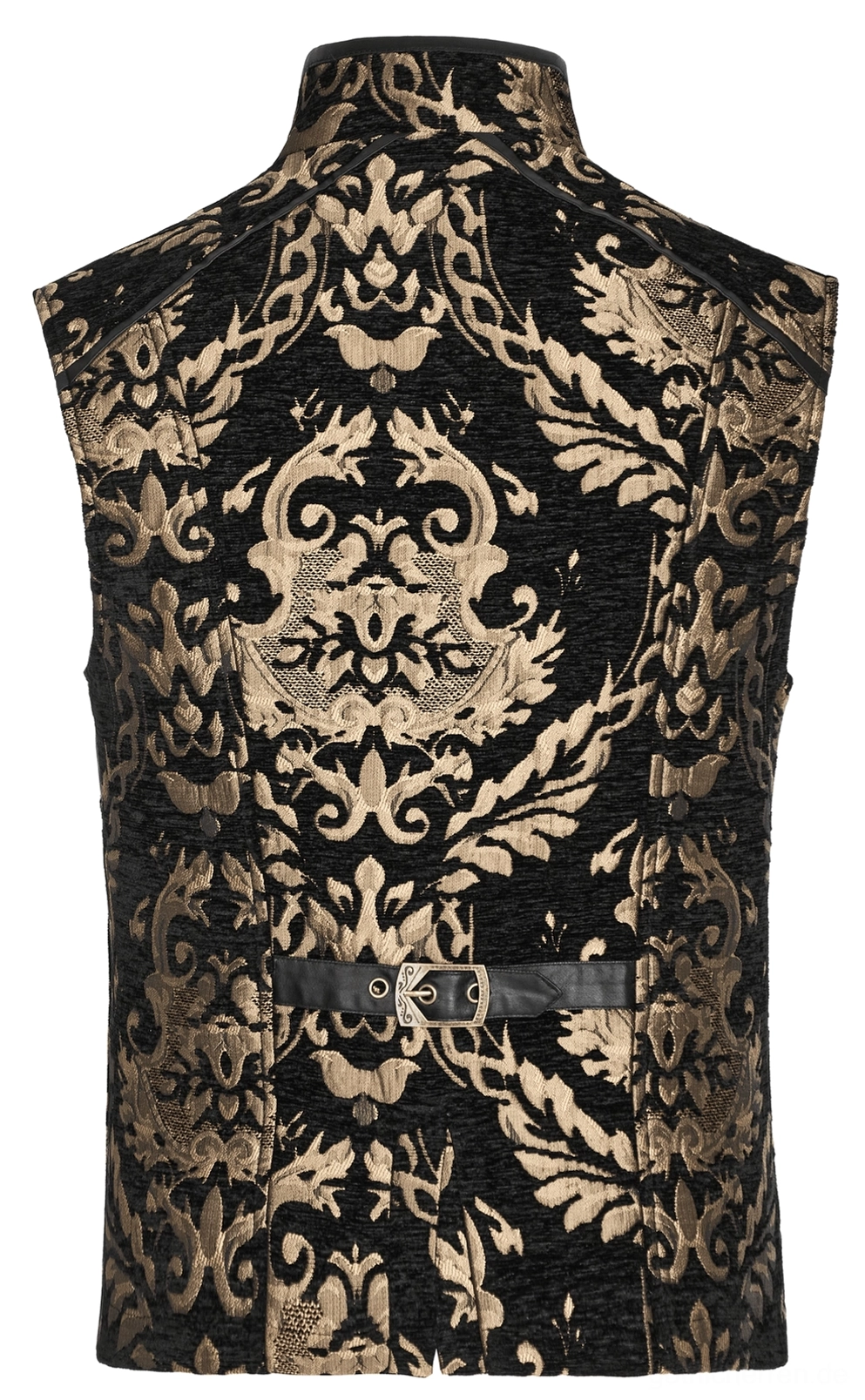 Rücken-Flachlegung der Schwarz-Gold-Damast-Brocade-Gothic-Weste zeigt vollständiges Damast-Brocade-Muster und Kunstleder-Gürtel, gotische Weste
