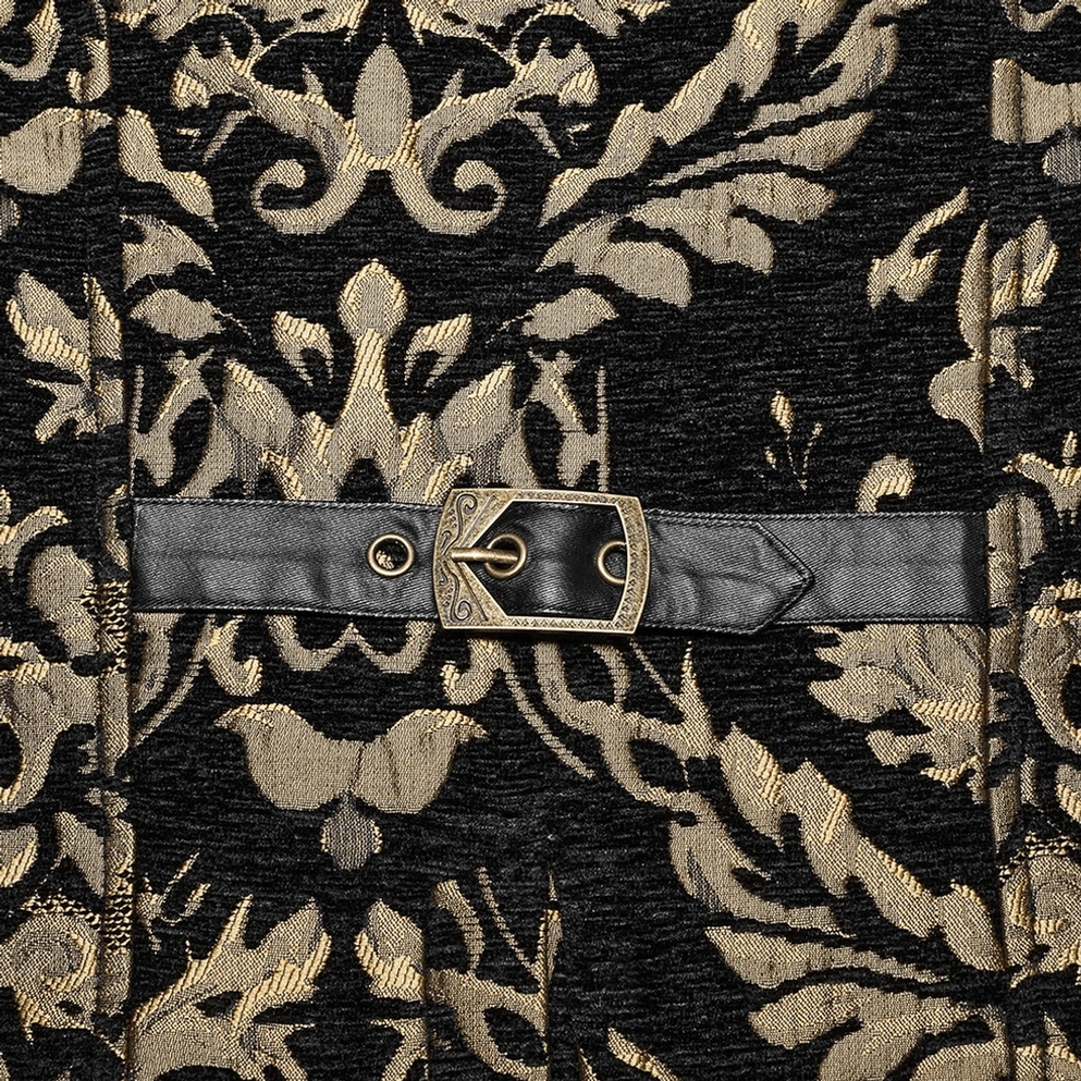 Rückengürtel-Riemen-Detail der Schwarz-Gold-Damast-Gothic-Weste zeigt geprägte Metallschnalle und Kunstlederkonstruktion, gotische Steampunk-Weste