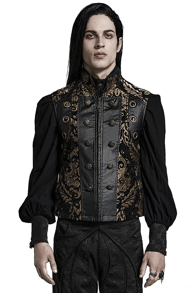 Schwarz-Gold-Damast-Brocade-Gothic-Weste Vorderansicht auf Modell mit Stehkragen und strukturierten Schultern, gotische Anzugweste für Steampunk-Formal-Look