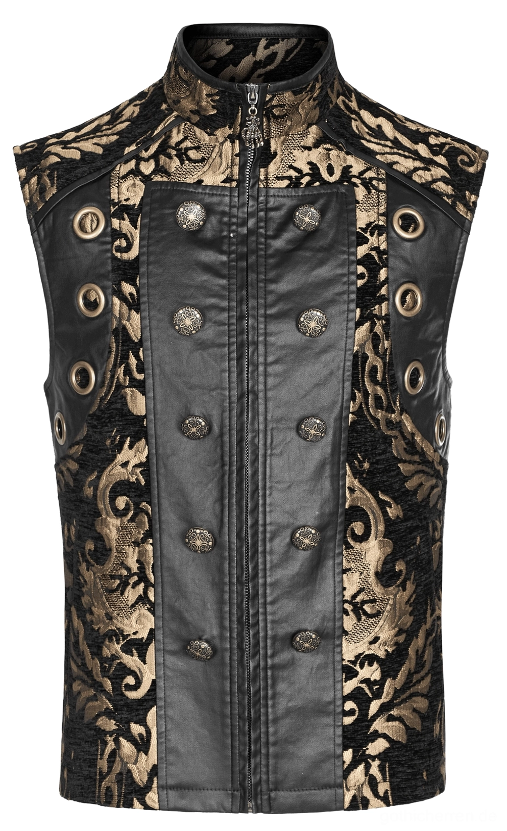 Schwarz-Gold-Damast-Gothic-Weste Vorderverschluss Detail zeigt geprägte Metallknöpfe und Kunstleder-Trimmleiste, gotische formale Steampunk-Weste