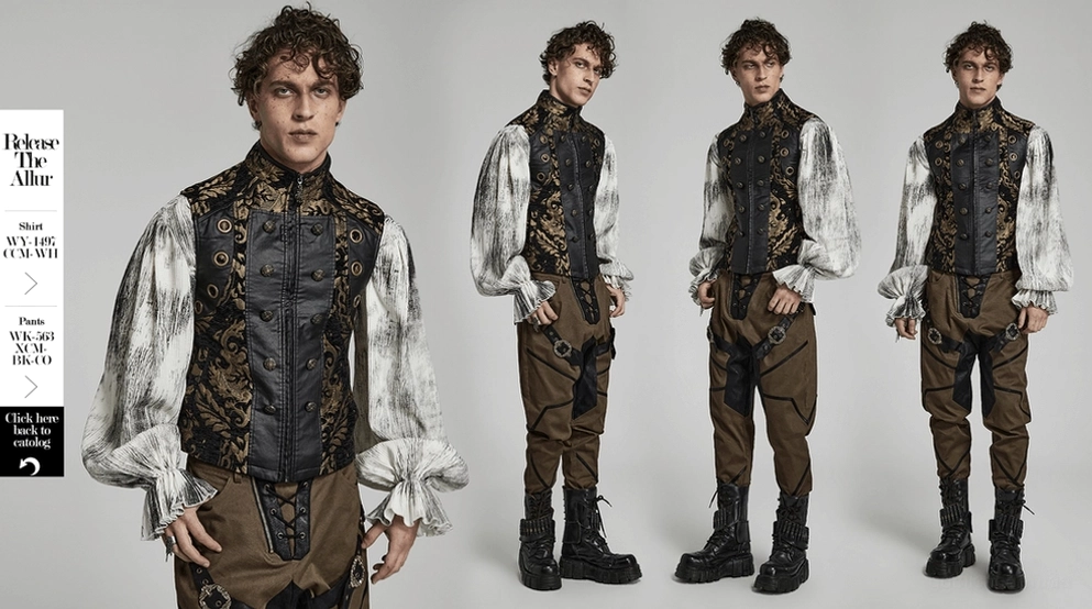 Schwarz-Gold-Damast-Steampunk-Gothic-Weste Verzierungsdetails zeigen Schnallen, Ösen und ornamentale Designelemente, gotische formale Anzugweste