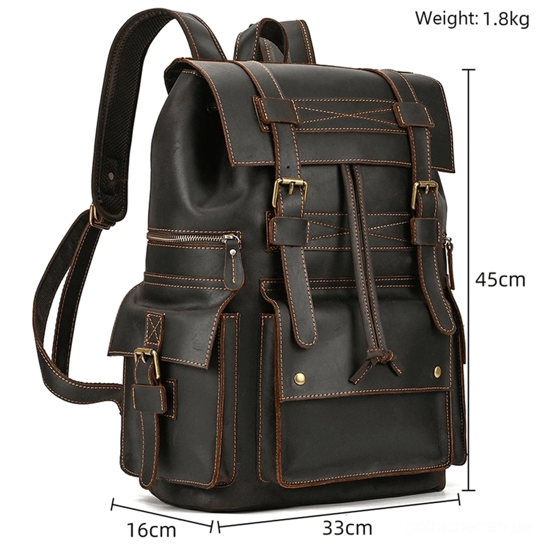 Schwarzer echtes Leder Gothic Rucksack mit technischen Abmessungen und Reißverschluss-Seitentaschen - technische Vorderansicht Laptop-Tasche