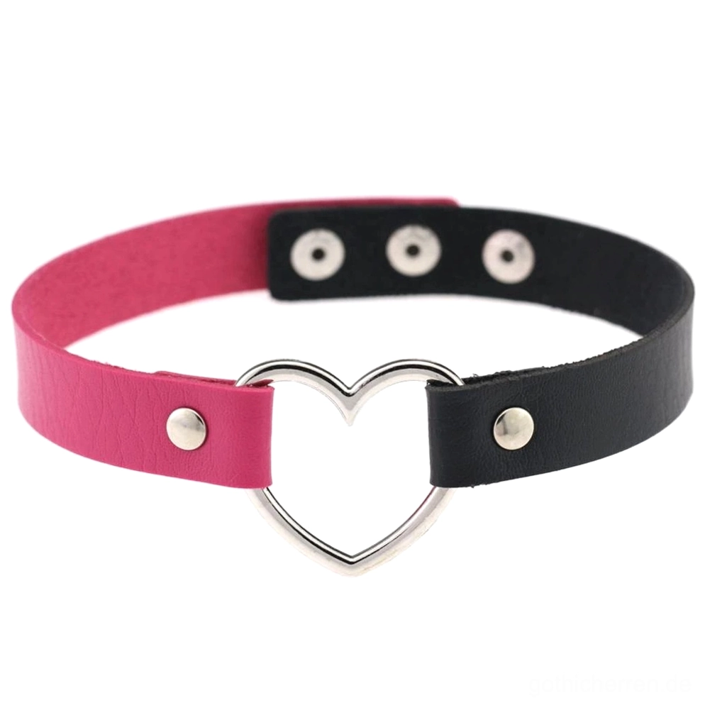 Schwarzes und rosenrotes zweiteiliges Leder Herz-Choker mit silberner Herz-Charm und Druckknopf-Verstellung, gotische Alternative Mode