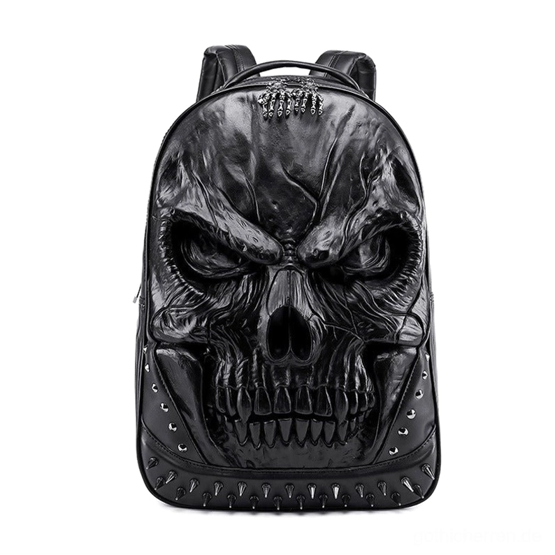 Schwarzer wütender Schädel Gothic Rucksack mit Spikes, Metallnieten und gesticktem Schädeldesign