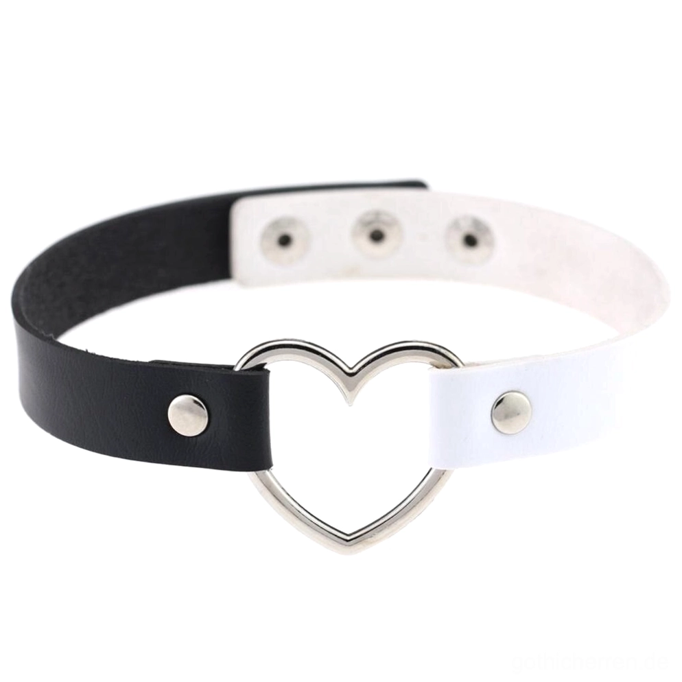 Schwarzes und weißes Kontrast PU-Leder Herz-Choker-Halsband mit metallischer Herz-Anhänger, klassischer Gothic-Style
