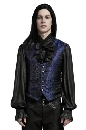 Schwarzblau Jacquard Gothic Weste mit Metallknöpfen und seitlicher Schnürung, getragen von einem langen Haar-Modell in Frontalansicht ganzer Körper mit formalem Hemd und gotischem Styling