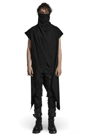 Schwarze asymmetrische Gothic Strickweste Vorderansicht auf männlichem Modell mit unregelmäßiger Saumkante und dramatischer Cowl-Neckline