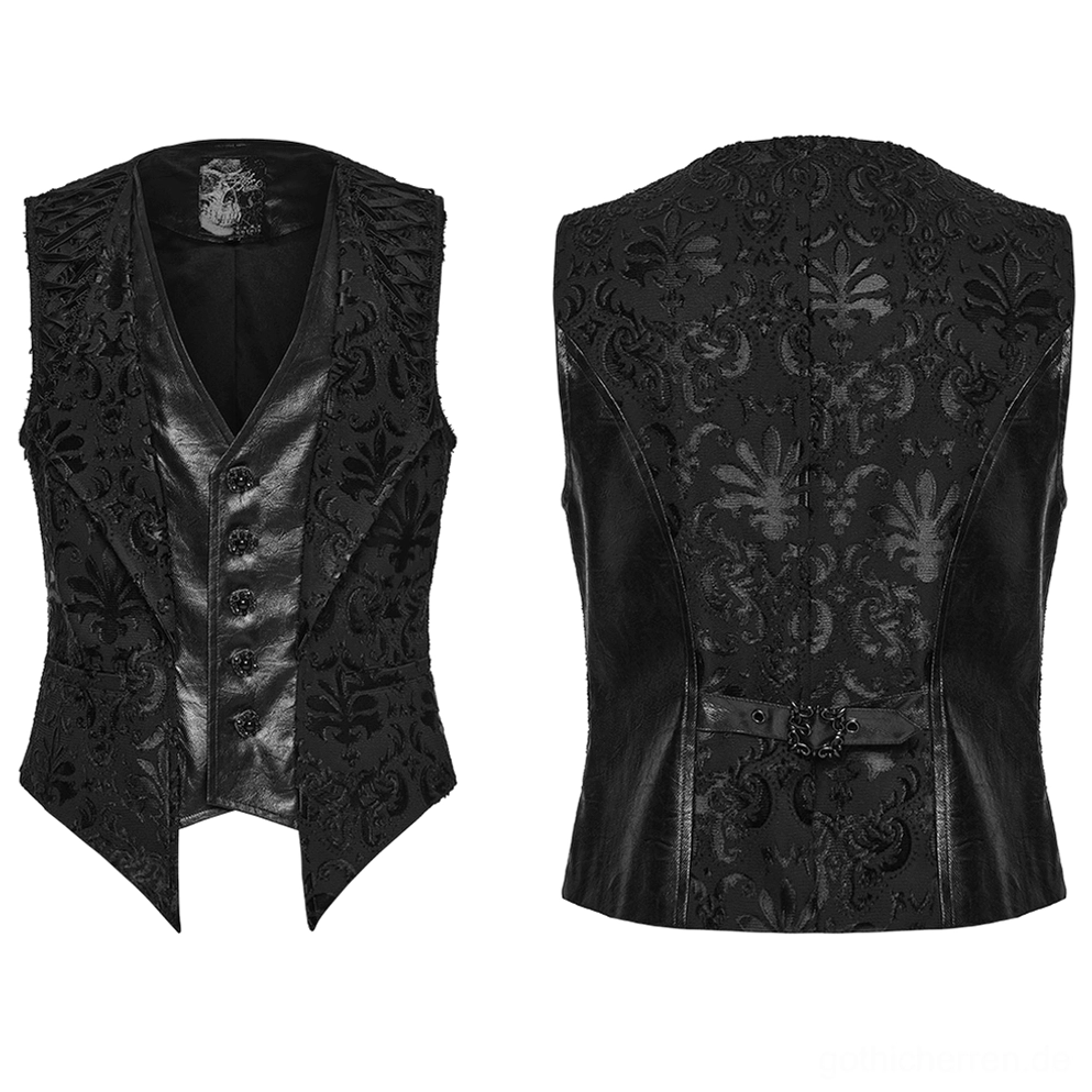 Schwarze Barock-Stickerei Gothic Anzugweste Flachlage Front- und Rückansicht mit Spitzrevers und Kunstleder-Paneele-Konstruktion