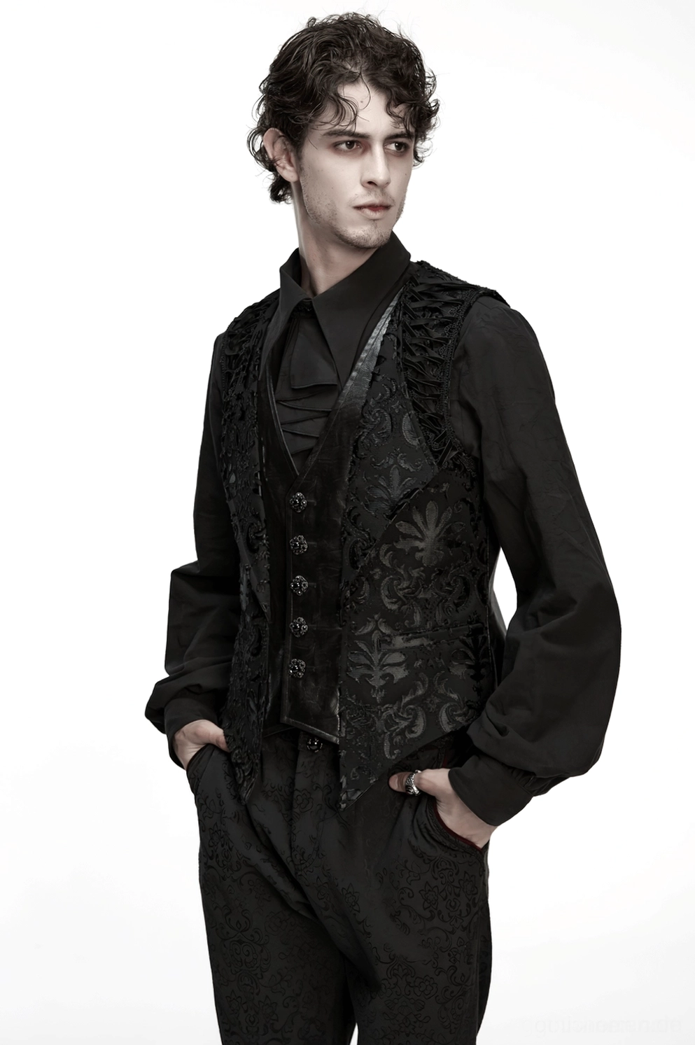 Schwarze Barock Anzugweste Seitenwinkel Ansicht mit schlanker Passform-Silhouette und asymmetrischem Kunstleder-Paneel-Design