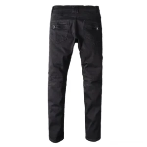 Schwarze Biker-Jeans Rückansicht - Gothic Denim-Hose mit Reißverschlusstaschen hinten und geripptem Elastan-Bund