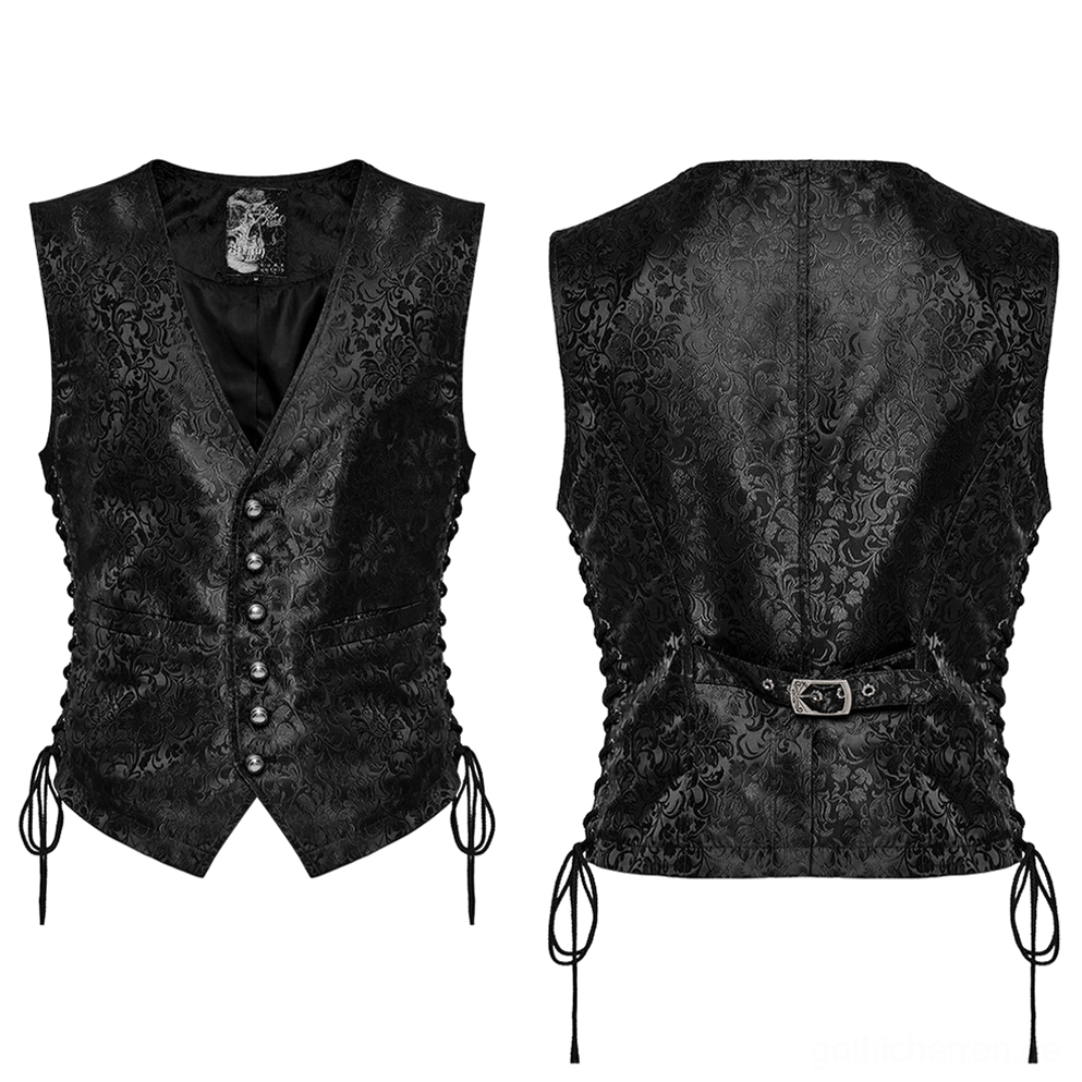 Flatlage Fotografie schwarze Blüten-Jacquard Gothic Weste Vorder- und Rückseite, zeigt komplette Verarbeitung und Design-Elemente