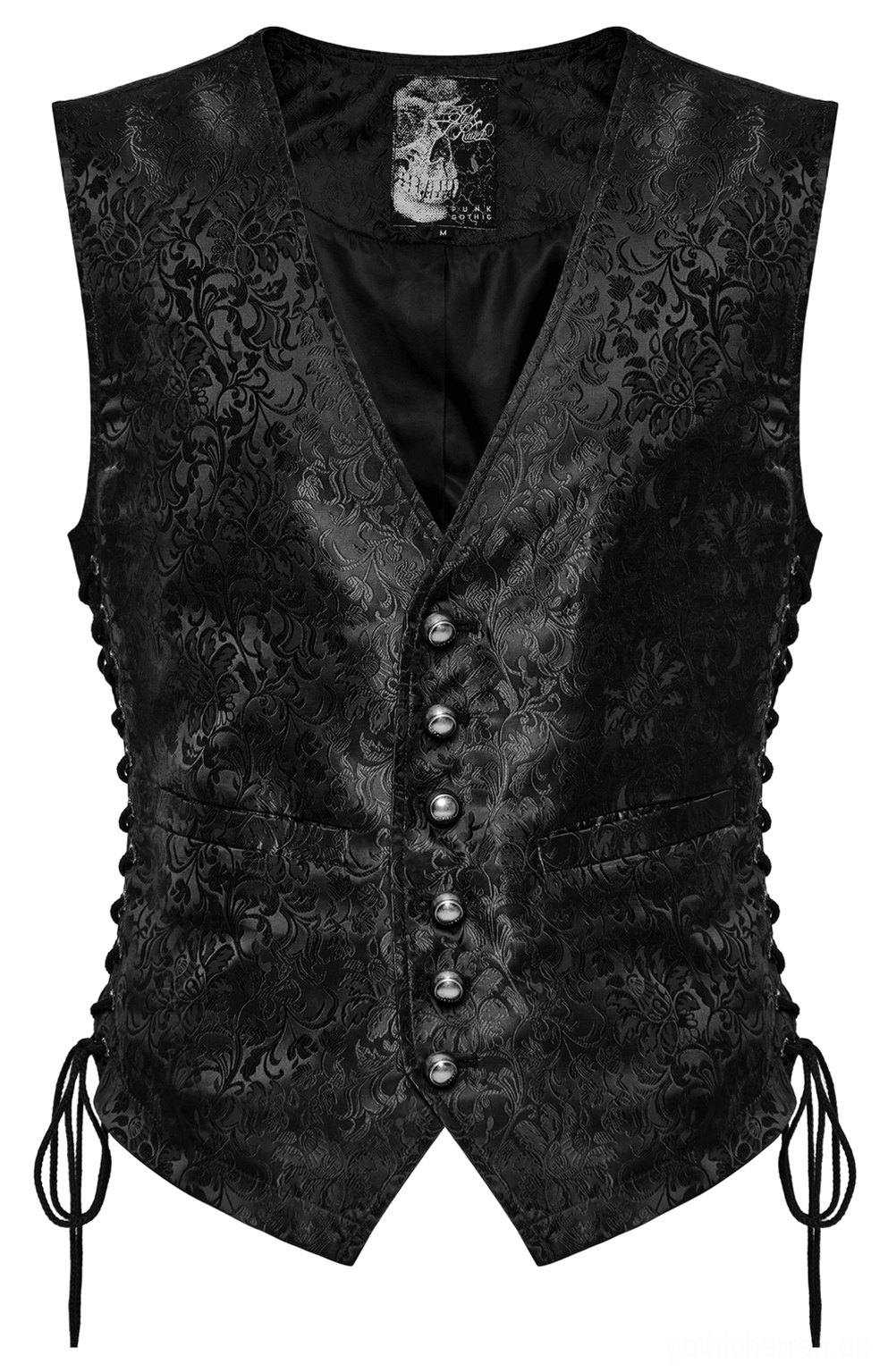 Schwarze Blüten-Jacquard Gothic Weste Vorder-Flatlage Draufsicht, zeigt botanisches Muster und Metallknopfreihe
