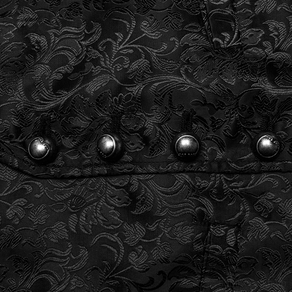 Makro Nahaufnahme schwarze Blüten-Jacquard Weste Vorderseite zeigt ornamentale runde vintage Metallknöpfe und botanisches Webstoff-Muster