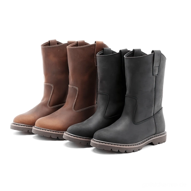 Schwarze und braune Herren Gothic Leather Stiefel Overhead Flachbild Vergleich beide Farben Optionen