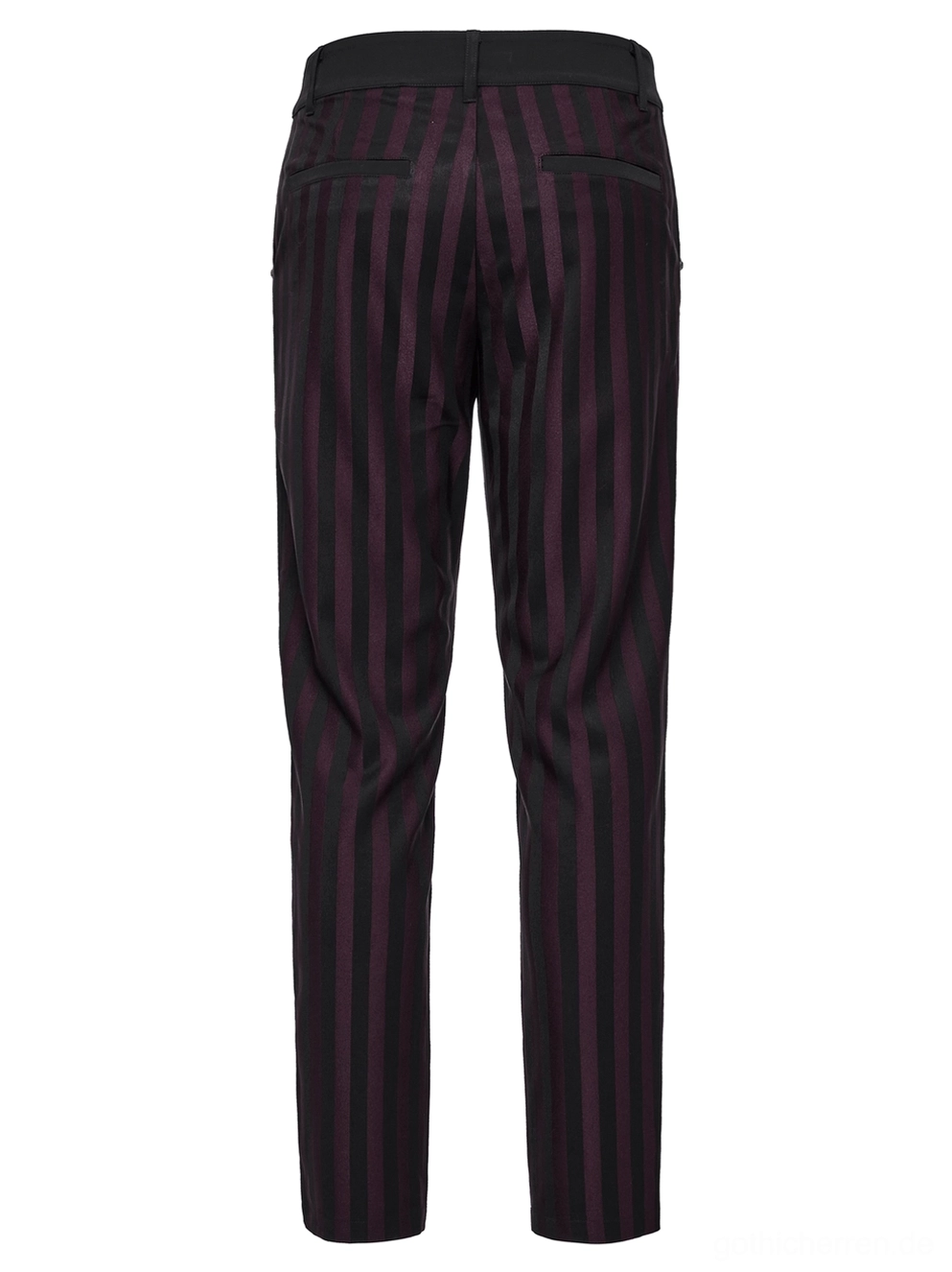 Schwarze Burgundy vertikalgestreifte Slim-Fit-Gothic-Röhrenhose Flatlay Rückansicht Wellentasche maßgeschneiderte Passform vertikalstreifenmuster