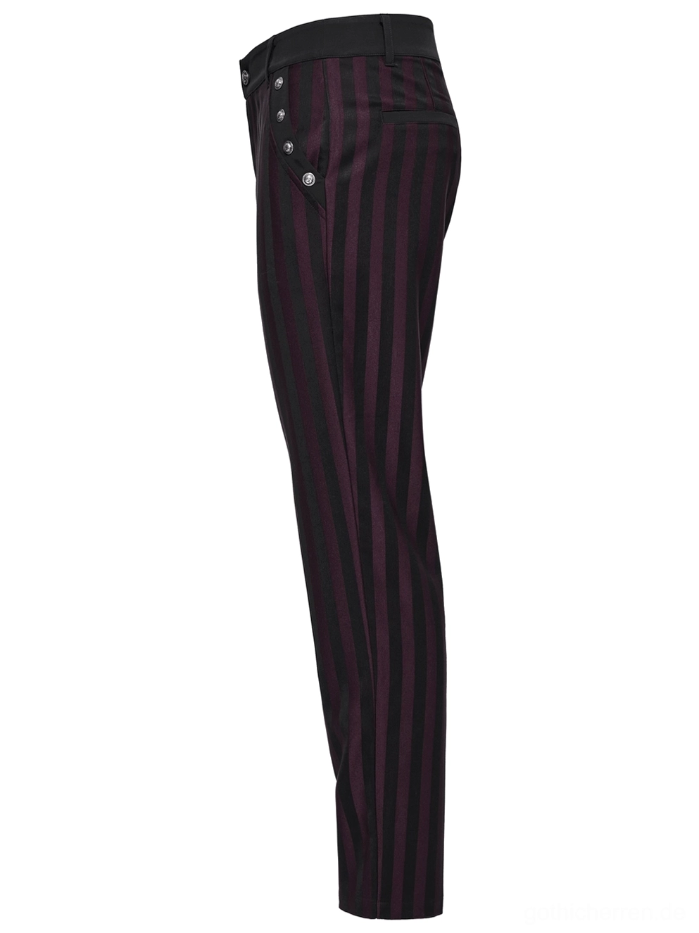 Schwarze Burgundy vertikalgestreifte Slim-Fit-Gothic-Röhrenhose Flatlay Seitenansicht Metallbuckeln Seitentasche Dekoration Detail