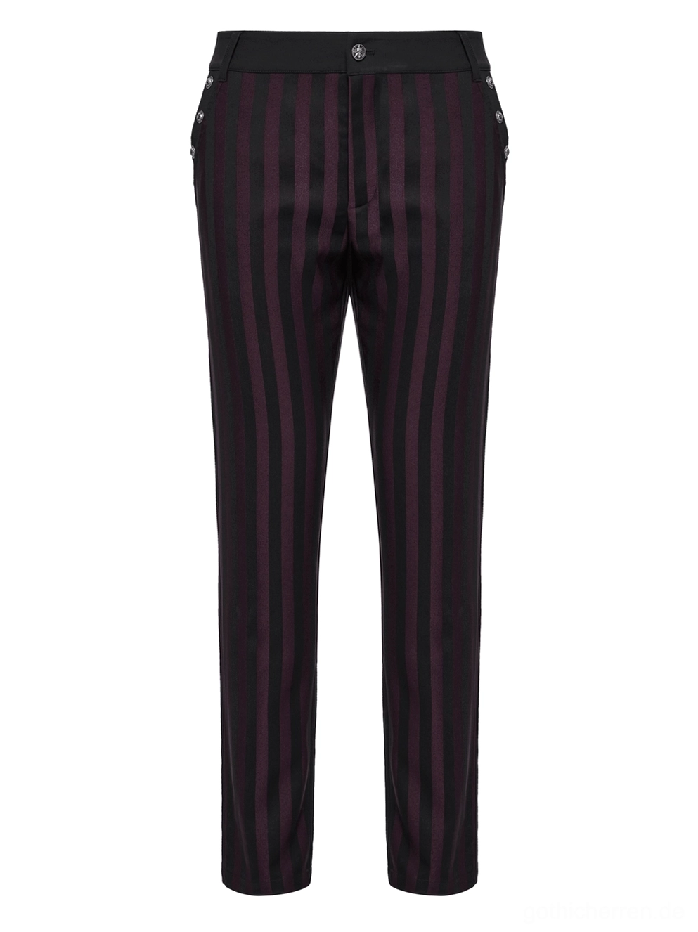 Schwarze Burgundy vertikalgestreifte Slim-Fit-Gothic-Röhrenhose Flatlay Vorderansicht Knopfverschluss Reißverschluss Detail Streifendruck