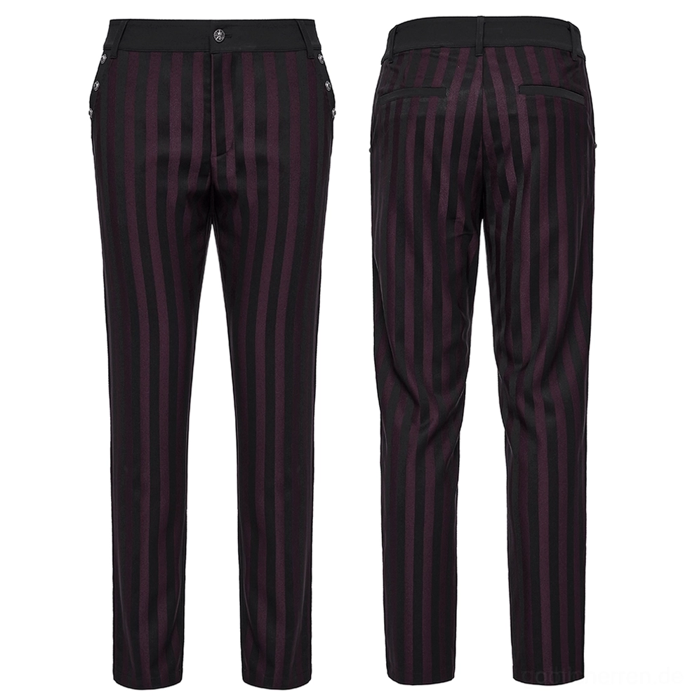 Schwarze Burgundy vertikalgestreifte Slim-Fit-Gothic-Röhrenhose Flatlay Vorder- und Rückansicht Streifenmuster Gesamtübersicht