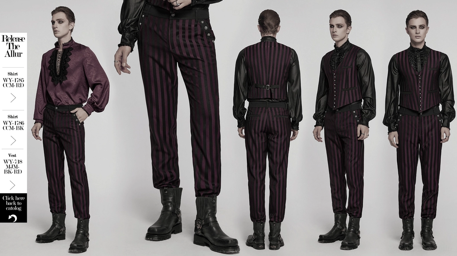 Schwarze Burgundy vertikalgestreifte Slim-Fit-Gothic-Röhrenhose Hauptproduktbild geschnitzte Metallbuckeln vertikalstreifen Premium Darstellung