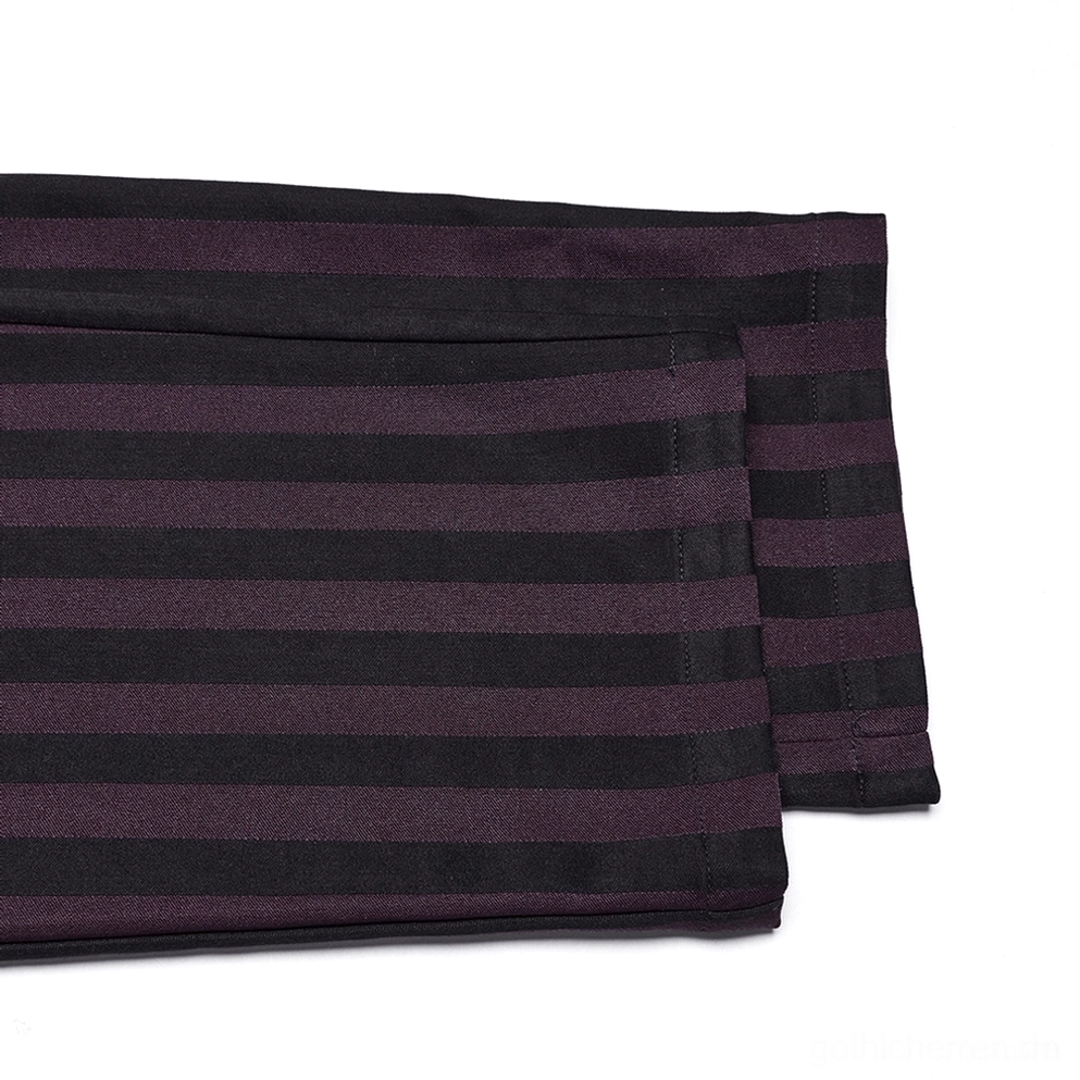 Schwarze Burgundy vertikalgestreifte Slim-Fit-Gothic-Röhrenhose Konstruktion Detail Taillenbund Nähte Verarbeitung Qualität Nahansicht