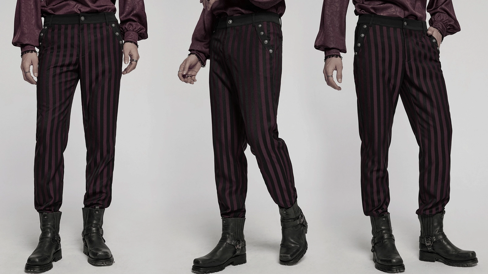 Schwarze Burgundy vertikalgestreifte Slim-Fit-Gothic-Röhrenhose Flatlay Streifenmuster Konstruktion Detail Verarbeitung Gesamtdesign Übersicht