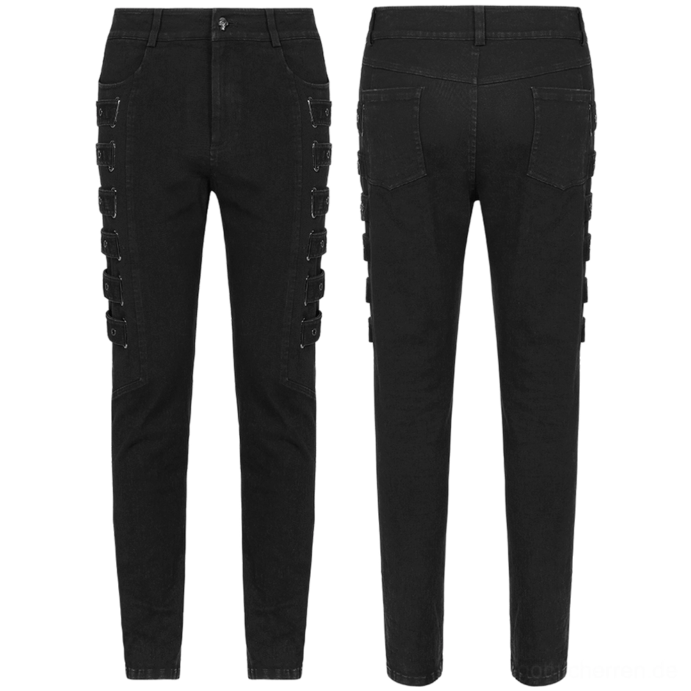 Flatlay vorder- und rückansicht schwarze Gothic Cargo Pants mit multi-row Seitenriemen, Metallösen und Taschenkonstruktion