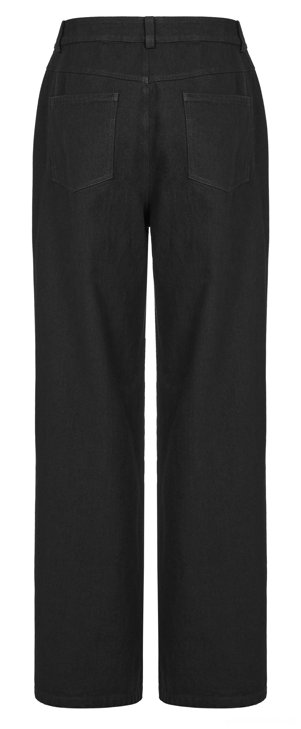 Rückseite flache Ansicht schwarzer Cargohose zeigt breite Beinöffnung, hintere Patch-Taschenkonstruktion, Gesamtsilhouette von hinten, lockerer Schnitt