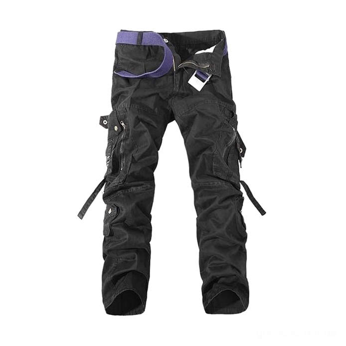 Schwarze Cargohose Seitenflachaufnahme zeigt Multi-Pocket-System mit lila innenliegendem Gürtel großzügige Cargotaschen und robuste Verarbeitung für Alternative-Mode