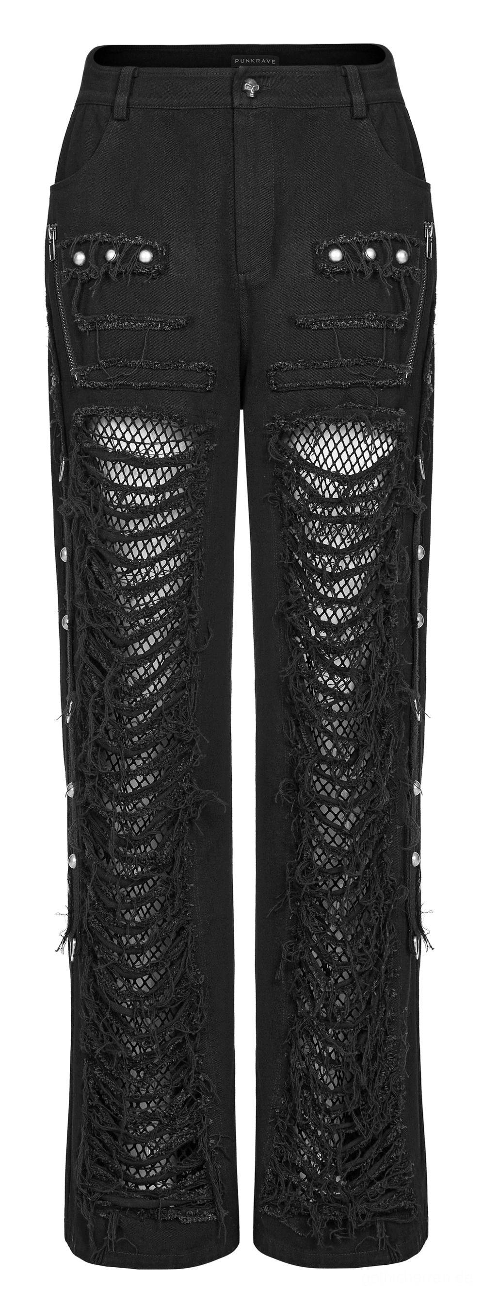 Vordere flache Ansicht schwarzer Gothic Cargohose mit Schnür-Seitengurten, gestuzten Vordertaschen mit Nieten und zerrissenen Fischnetz-Beinpanelen, distressed Ästhetik