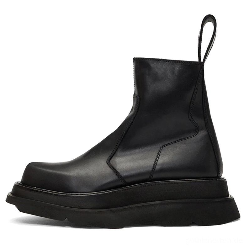 Schwarzer Chelsea-Stiefel mit luxuriösem Plüsch-Futter-Option in vollständiger rechter Seitenprofil-Ansicht, zeigt quadratische Zehenform, geschichteten Absatz und hochwertige Lederkonstruktion, Gothic Stiefel