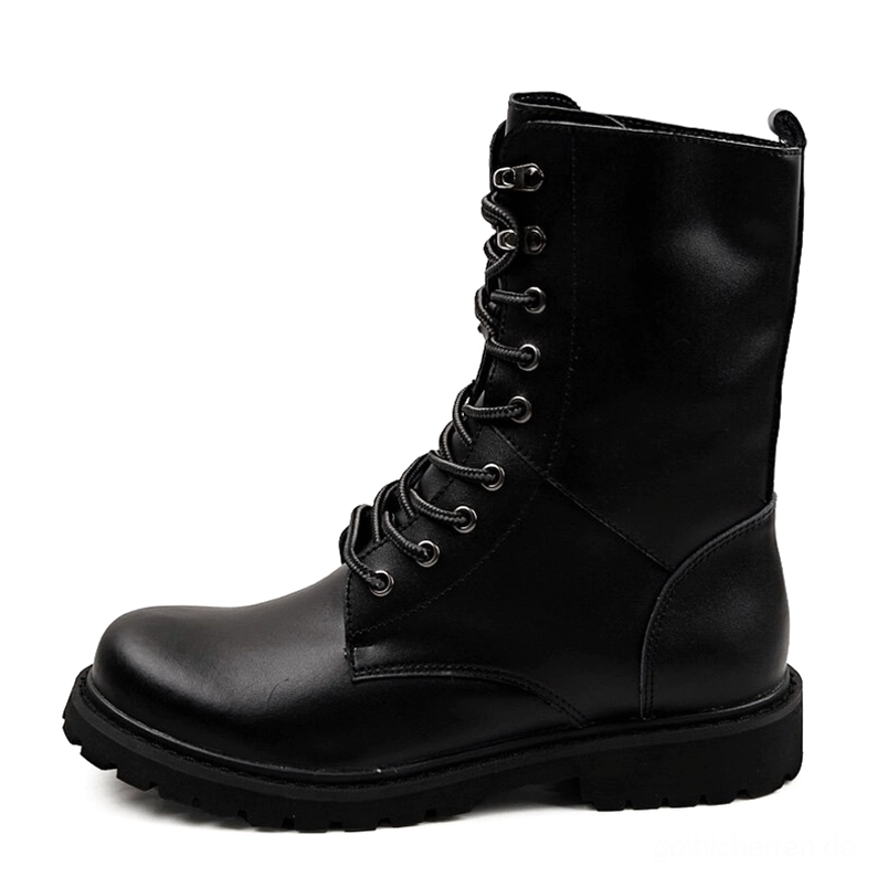 Schwarze Tactical Combat Boots rechte Seitenansicht, Matte Lederoberfläche und robustes Lace-Up Design für Gothic-Ästhetik, Profil