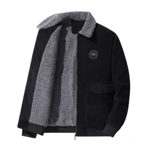 Schwarze Cordsamtjacke mit grauem Sherpa-Pelzkragen im offenen Frontal-Flatlay – Gothic Winter Parka für Männer mit Brusttasche und Reißverschluss