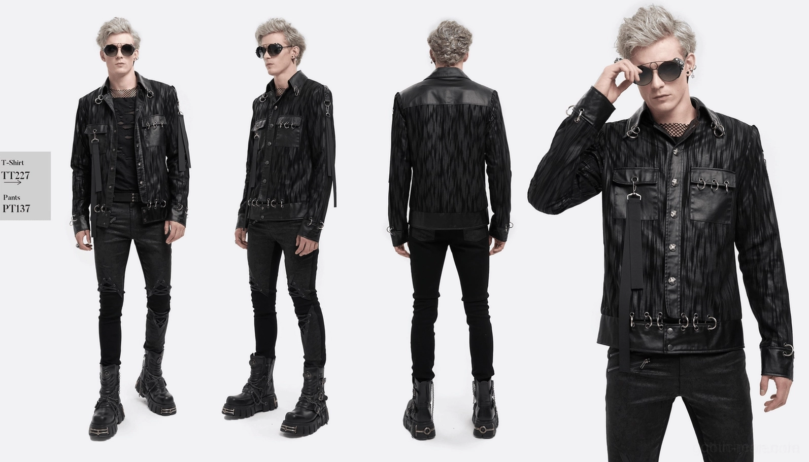 Schwarze Crinkle-Kunstlederjacke Flachlage Vorderseite zeigt Design und Metallbeschläge – Gothic Punk Short Jacket Front Detail