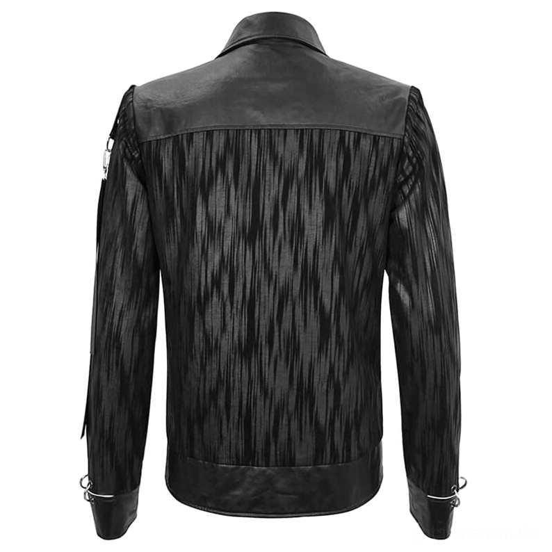 Rück-Flachlage der schwarzen Gothic Punk Lederjacke zeigt Schulter-Leder-Yoke und metallverzierte Manschetten-Details