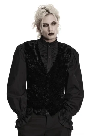 Schwarze crushed velvet gothic anzugweste herren frontansicht mit tiefem v-ausschnitt und schwarzem rüschen-viktorianischem hemd