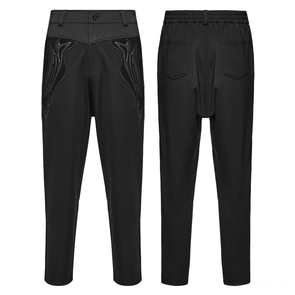 Schwarze Cyberpunk Strickhose Flatlays vorne und hinten mit 3D Flammen-Applikationen Detailansicht auf neutralem Hintergrund
