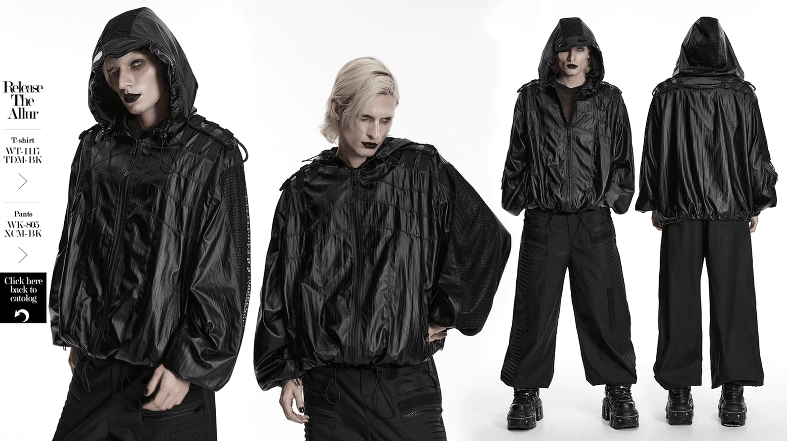 Ganzansicht schwarze wasserdichte Cyberpunk-Tactical-Jacke mit Kapuze, dekonstruiertem Design und taktischen Details auf Modell