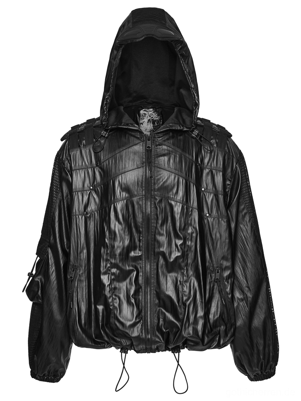Detailaufnahme schwarze Cyberpunk-Tactical-Jacke mit Totenkopf-Emblem in der Kapuze, Kordelzugsystem und verstellbarem Saum
