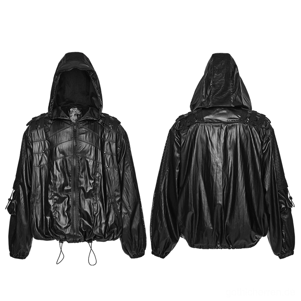Vorder- und Rückansicht-Vergleich schwarze Cyberpunk-Tactical-Jacke mit Kapuze, Mesh-Details und taktischen Elementen im Flatlays