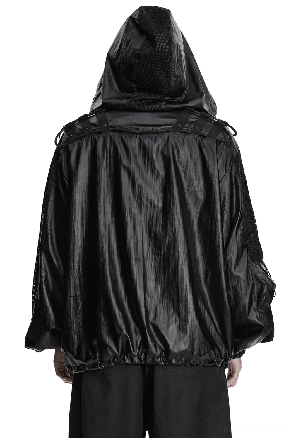 Rückansicht schwarze Gothic-Cyberpunk-Tactical-Jacke mit taktischen Webstraps, Mesh-Panelen und wasserdichtem Außenstoff