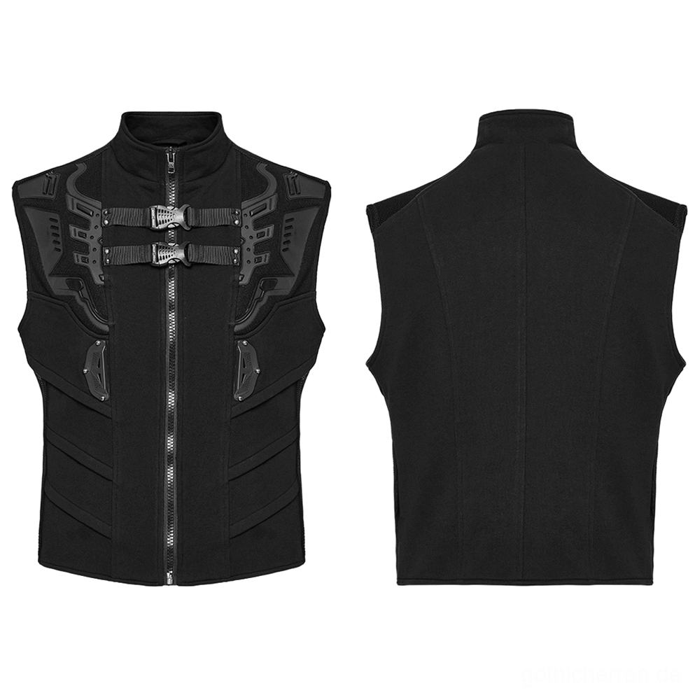 Schwarze Cyberpunk-Tactical-Weste Vorder- und Rückseite Flat-Lay-Display - ärmellos Industrial-Design