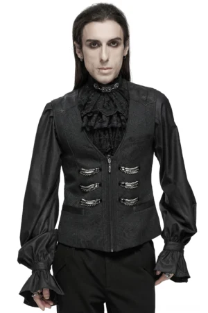 Schwarze Damast-Drachenschuppe Gothic-Anzugweste Frontansicht männliches Modell mit rüschenbesetztem Hemd und Flügel-Metallverzierungen