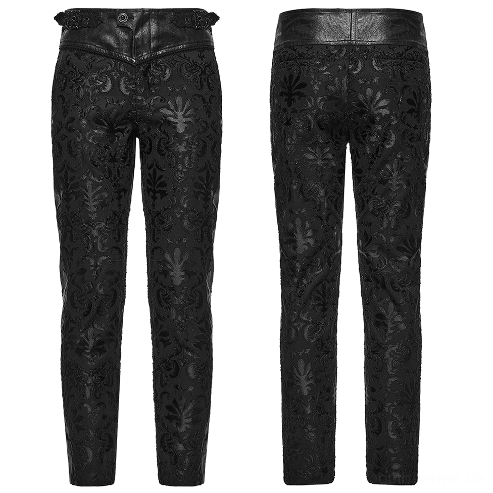 Flachaufnahme schwarze Damast-Stickerei Gothic Röhrenhose Vorder- und Rückansicht mit schwarzem Lederbund und ornamentaler Verzierung