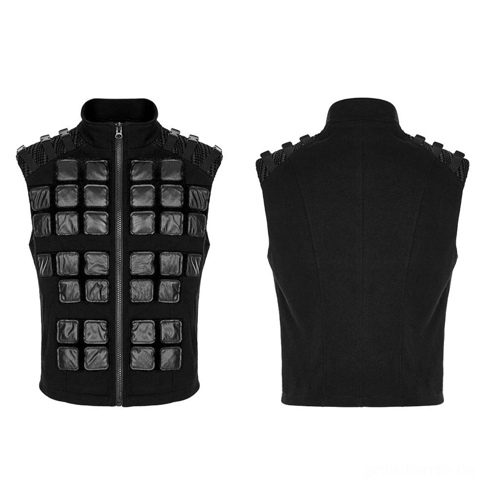 Schwarze Denim Armor Weste mit Nieten-Schulterpads, Flachlege Vorder- und Rückansicht auf weißem Hintergrund, vollständige Produktanzeige mit geometrischen Paneelen