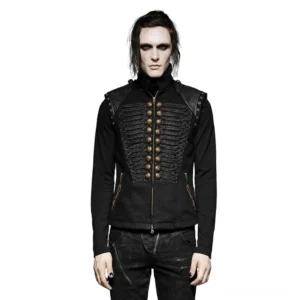Schwarze Denim Gothic Military Weste Vorderansicht mit doppelreihigen Messingknöpfen, strukturiertem Hochkragen und Lederpatchen an den Schultern