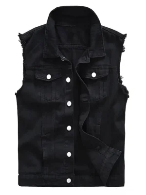 Schwarze Denim Gothic Weste Vorderansicht - ärmellose Herrenweste mit ausgefransten Armlöchern, Metallknopfverschluss und doppelter Brusttasche, Slim-Fit Schnitt